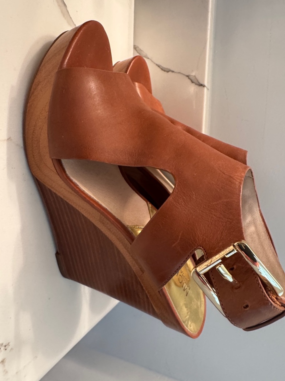 Michael Kors Cognac Brown Leather Open-Toe Slingback Heels - Picture 2 of 4